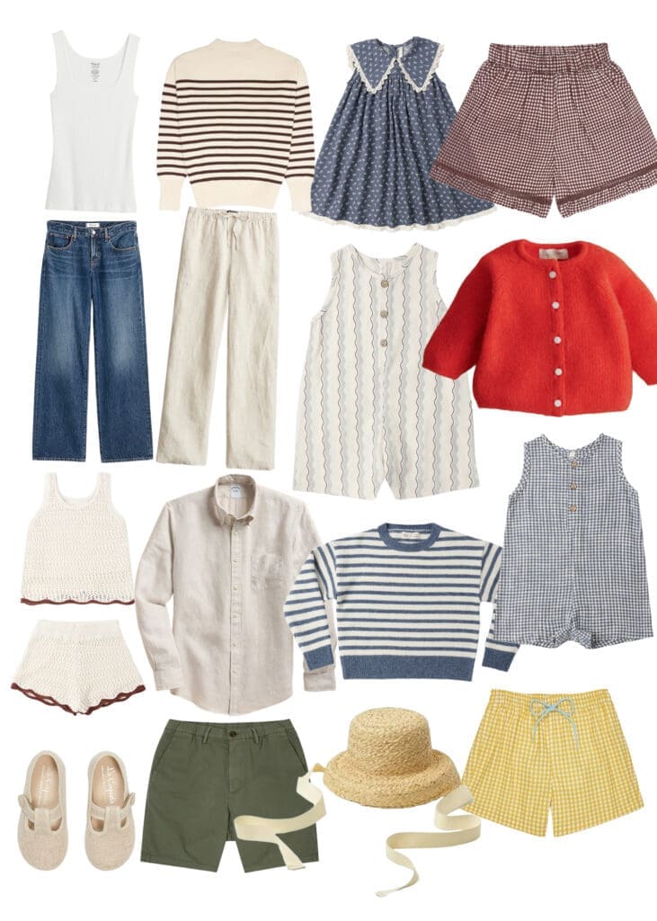 Spring beach family photography session style guide featuring linen pants, striped sweaters, gingham shorts, and neutral tones for Ventura County photos
