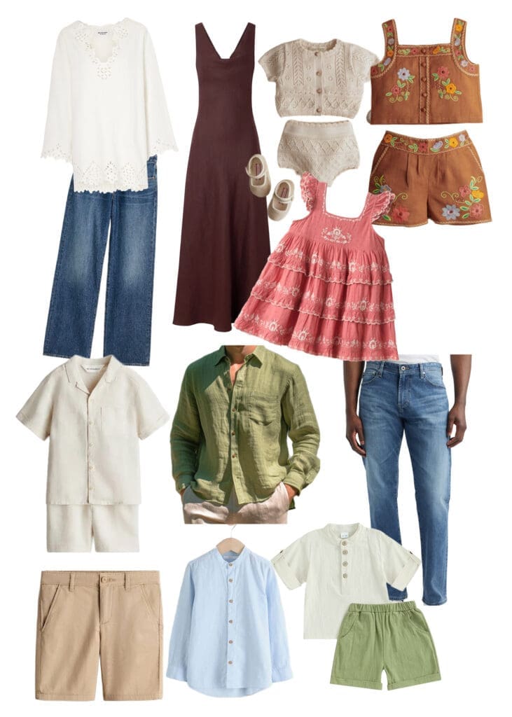 Summer family photography session style guide featuring linen shirts, embroidered details, earthy tones, and coordinating outfits for Southern California photos