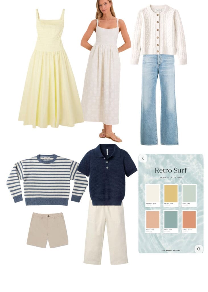 Retro surf inspired summer family photography session style guide featuring soft yellow dresses, navy stripes, and a coastal color palette for Southern California sessions
